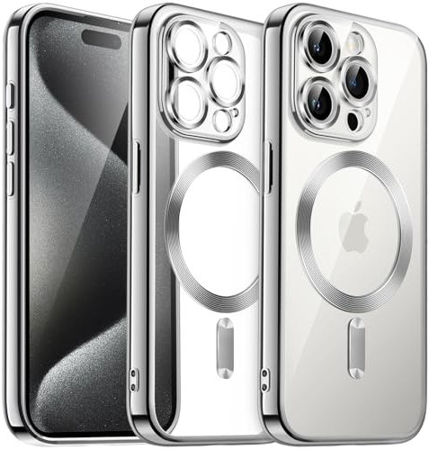 JETech Weiche Klar Hülle für iPhone 15 Pro Max 6,7 Zoll, Kameraschutz Vollständiger, Kompatibel mit MagSafe Kabellosem Laden, Stoßfest Elektroplattiert TPU Handyhülle (Silber)