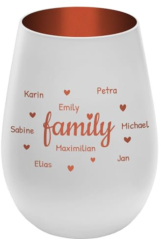Windlicht mit Gravur Family - personalisierbar mit Namen - Außen Weiß/Innen Bronze - Höhe 12 cm - Teelichthalter Kerzenhalter Vornamen Familienmitglieder