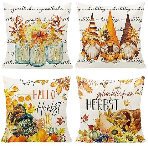 HIQE-FL Herbst Kissenbezug 45 x 45 cm,Kürbisse Herbst Kissenbezüge 4er Set, Kissenbezüge Herbst Outdoor für Bauernhaus Thanksgiving Halloween Bettwäsche Wohnzimmer Herbst Dekoration