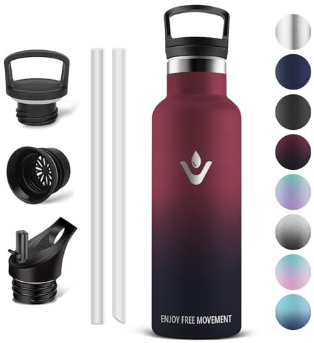 Vikaster Bouteille - Thermos 0.5l, Gourde Avec Paille, Gourdes Sans BPA, Gourde Enfant & Adulte pour Sport, école, Bureau, Gym, Voyage, Rouge - Noir