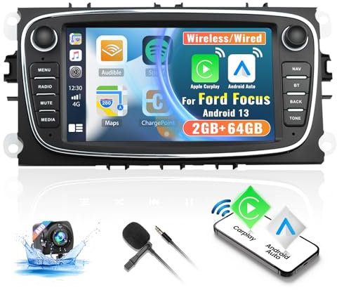 2G+64G CAMECHO Android 13 Autoradio para Ford Focus C-MAX S-MAX Kuga Galaxy con Wireless Carplay Android Auto, 7 de Pantalla de Radio de Coche con BT Mirror Link SWC + Cámara de Visión Trasera