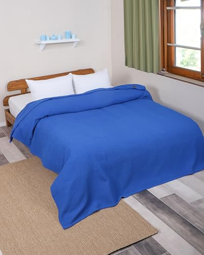 nottoc Doppelte Tagesdecke Blau 220x240cm - Premium Waffelpique 100% Baumwolle - Leichte Sommerdecke in Waffeloptik - Baumwolldecke als Bettüberwurf, Sofaüberwurf, Couch überwurf - Sofadecke