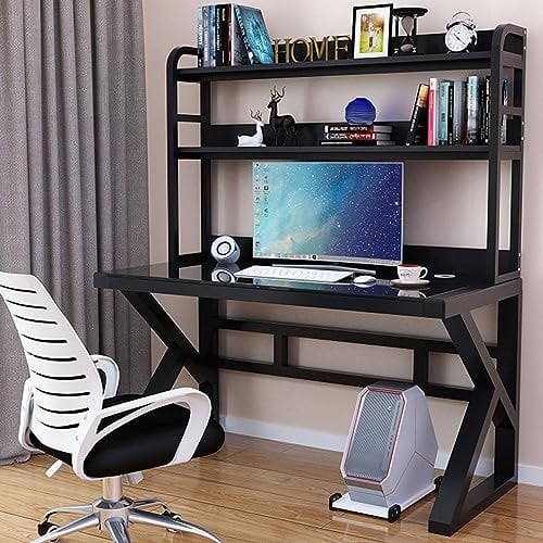LAMEDOAT Computertisch mit Bücherregal, Home-Office-Schreibtisch, Arbeitstisch, Arbeitstisch, Computertisch aus gehärtetem Glas mit 2 Etagen, platzsparend (47 Zoll, schwarz)