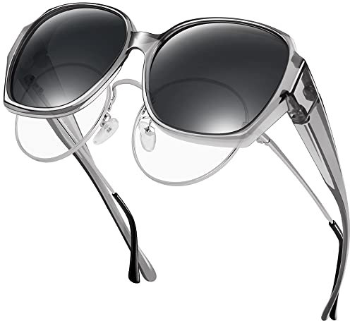 URUMQI Überzieh Sonnenbrille für Brillenträger Damen, Polarisierte Überbrille Sonnenbrille über Normale Brille, Quadratisch Sonnenbrillen Fit over Sunglasses mit UV400 Schutz für Frauen Grau Rahmen
