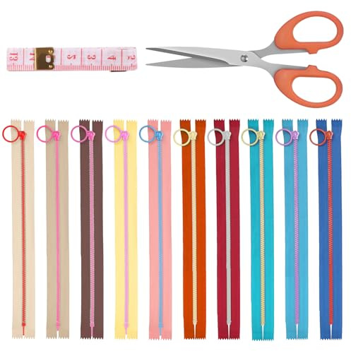 Glarks Set di 12 pezzi di cerniera in nylon da 20 cm/7,87 pollici con anello di sollevamento, 10 colori di bobine di cerniera con chiusura finale, con anello di chiusura in lega di zinco e forbici