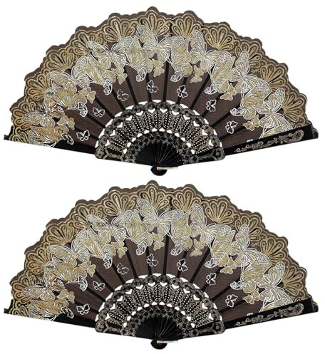 Butterfly Pattern Folding Fans, 2 Pcs - Black Lace Chinese Silk Fabric Handheld Fan for Wall Decoration, Dancing, Wedding, Festival, Party Gift