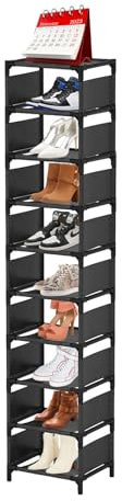 CUJIM 10 Tier Narrow Shoe Rack - Vertical Sturdy Tall Shoe Stand Racks for Small Space Saving Slim Shoes Shelf Storage Organiser for Bedroom Hallway Entryway Cloakroom Closet Corner Black Shoe Rack