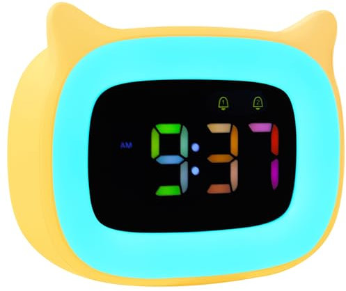 Seutgjie Wecker Kinder Mädchen Jungen, Digitaler Kinderwecker für Schulanfänger Einschulung Teenager mit Licht und Akku Dual Alarms Schlummerfunktion 18 Klingeltöne 12/24 Stunden Gelb Katze