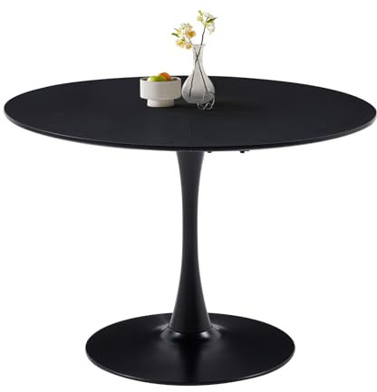 Uderkiny 110 cm esstisch rund，Runder esstisch Schwarz，Großer Round Table, Geeignet für 6-8 Personen，MDF-Platte/Metallbeine aus Eisen,Geeignet für Küche, Esszimmer, Café, Wohnzimmer (Schwarz)
