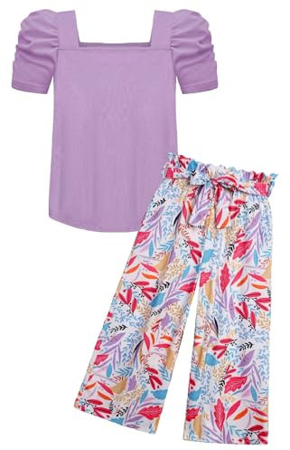 Arshiner Girls Clothing Sets Kids Fashion T-shirts with Trousers Set Puff Sleeves Top with Printed Trousers Set Summer Casual Outfits for Girls 9-10 Years 140 Violet