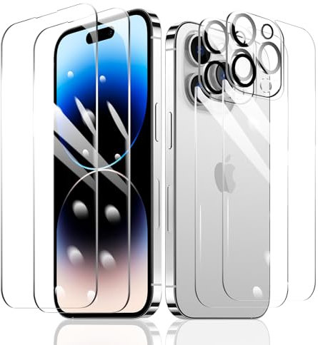 Fylnatc 2 Stück Schutzfolie für iPhone 14 Pro + 2 Stück Kameraschutz + 2 Stück Rückseite Schutzfolie mit einfachem Befestigungswerkzeug, Panzer Schutz Glas, Display Schutzfolie aus gehärtetem Glas