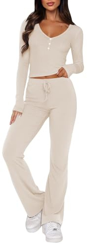 Sport Set Damen Gym Workout Set Lang Sportset Outfit Fitness Set Langarm Rückenfrei Oberteil Scrunch Leggings 2-Teilig Passende Workout-Sets Bauchfreies Oberteil Umklappbare Yogahose Lässige Outfits