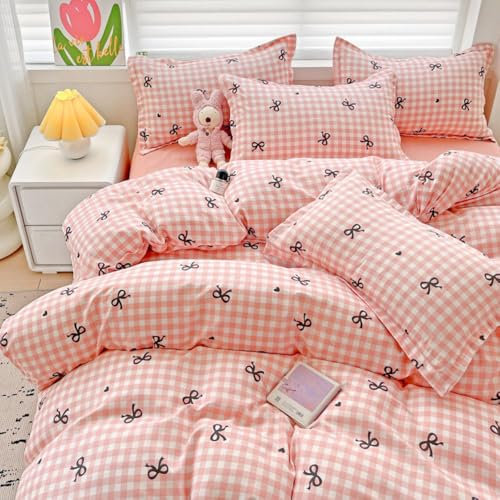 Michorinee Housse de Couette 200x200 à Carreaux Rose et Blanc Motif Cœur Noir Adulte 2 Personnes Parure de Lit Microfibre Kawaii Housses de Couettes avec Fermeture Éclair et 2 Taies d'oreiller 65x65