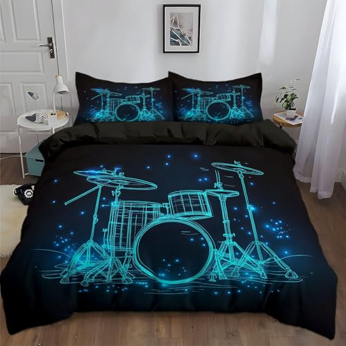 Generisch Bettwäsche Set 135x200cm Musikinstrument-Schlagzeug 3D Polyester Baumwolle Bettbezug Sets, Weich Atmungsaktiv Bettbezüge mit 2 Kissenbezug 80x80 cm, für alle Jahreszeiten