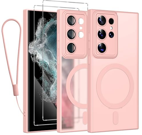 Phoona Magnétique Coque pour Samsung Galaxy S22 Ultra 5G Con Cordon, [Compatible avec MagSafe], Etui Translucide Mat Arrière Housse Fine Antichoc Case avec 2 Pièces Verre Trempé Étui, Rose