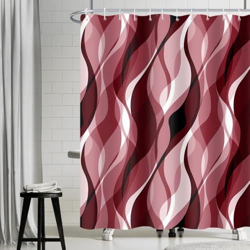 Uiiooazy Duschvorhang 180x200cm Anti Schimmel Gestreift Rot Gemustert | Duschvorhang Gradient Burgunder Streifen Wasserdicht Stoff Polyester Waschbar Bad Vorhang mit 12 Haken für Badezimmer