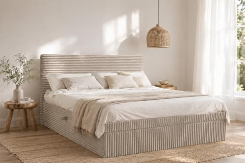 Kaiser Möbel - Bett 180x200 cm, Boxspringbett mit Bettkasten und Topper, Polsterbett für Schlafzimmer, Doppelbett mit Stauraum und Gepolstertes Kopfteil, Toppermatratze aus Viscoschaum - TRENTO - Ecru