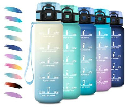 Gourde 1L, Gourde Sport avec Filtre, Anti-Fuite & Réutilisable, Bouteille d'eau Motivante avec Marquages de Temps, Facile à Nettoyer, Bouteille pour Voyage, Randonnée, Cyclisme, Fitness, Voyage