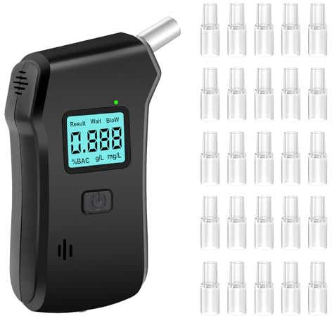 Alkoholtester, Alkoholtest Polizeigenau mit 25 MundstüCken, HochpräZiser PromillemessgeräT, AlkoholmessgeräT mit Digitalem Farbigem LCD-Anzeige, Professioneller Atemalkoholtester für Hause Aud Party