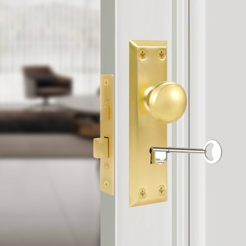 Mortise Lock Set for Interior Door, Vintage Door Handle with Cut-Out Key and Lock, Crystal Glass Door Handle Replacement (Metal Ball, Gold)