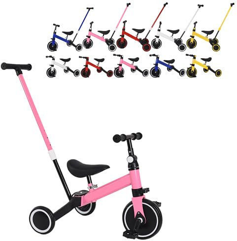 XUANYU 3 en1 Draisienne avec 3 Roues, Tricycle Bébé Évolutif de 1 à 4 Ans, Marchette à Pousser pour Enfants, Poussette Enfant Développe l'équilibre et la motricité (Rose A)