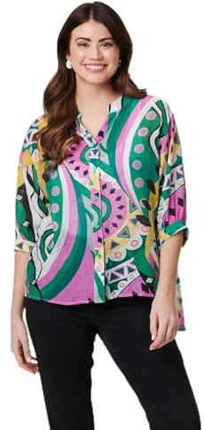 Izabel London Abstract Print 3/4 Sleeve Relaxed Shirt for Women UK with a v-Neck and a Thigh Length Curved Hem.
