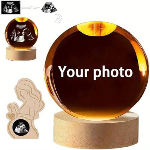 Magische Kugel, benutzerdefiniertes 3D-Kristallfoto mit Bilderrahmen, Schwangerschafts-Ultraschall-Kristallkugel mit Lampe optional, Schwangerschaftsgeschenke für die erwartete erste Mutter, neue