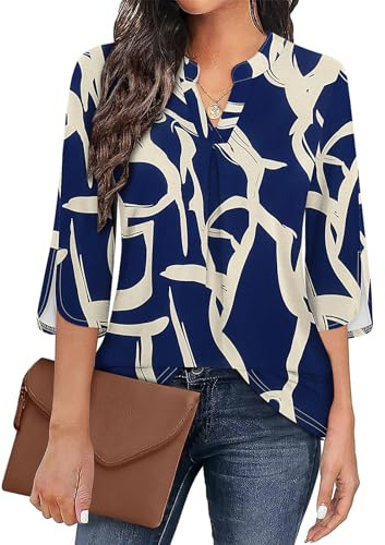 Flikity Plus Size Blouses for Women Fashion Dressy 3/4 Sleeve Business Attire Clothes Office Work Tops Split V Neck Formal Wear Spring Fall Casual Loose Swing Tunics Shirts Blue Patten XX-Large