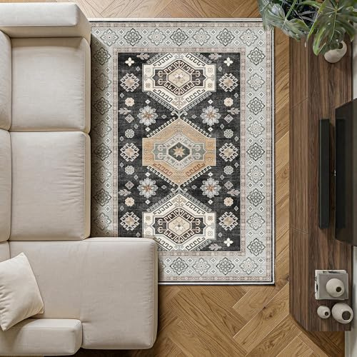 Decoranddecor Persian Rugs Living Room 120x170cm Washable Non-Slip | Grey Living Room Rug, Machine Washable Rug, Area Rug, 6mm Low Pile, Pet Friendly, Stain Resistant