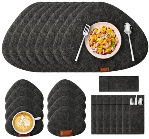 Tischset Platzset, 8er Set Filz Tischset Platzsets Abwaschbar Oval Grau Platzdeckchen Filz Platzsets mit 8 Tischmattes 8 Filzuntersetzer 8 Besteckhüllen für Zuhause Restaurant Café Büro 42 x 31cm