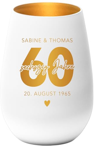Geschenk Diamantene Hochzeit personalisiert Windlicht Glas mit Gravur Hochzeitstag Geschenk Hochzeit Jubiläum 60 Jahre | Weiß