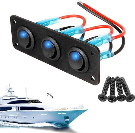 3 Gang Toggle Rocker Switch Panel,Toggle Rocker Switch Faceplate,3 Gang Switch Panel,12V-24V Waterproof Round Toggle On/Off Switch With Blue Led Light,Control P anel For Boat,Car,Automotive Caravan
