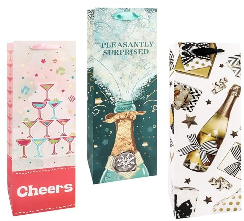 Padorul 3 Pcs Wine Bottle Gift Bags with Handles, Champagne Bottle Bags for Party Celebrations, Holiday & Wedding, Reusable Paper Wine Tote Bags for Housewarming, Birthday, Christmas