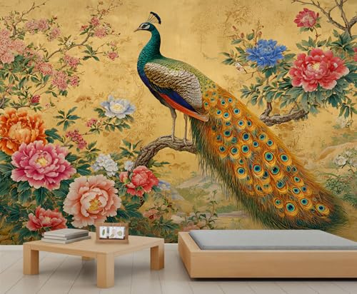 YEMYOR Peacock Mural Wallpaper Vintage Floral Peacock Wallpaper for TV and Sofa Background Oriental Peony Floral Wall Mural for Living Room Bedroom-150x105cm