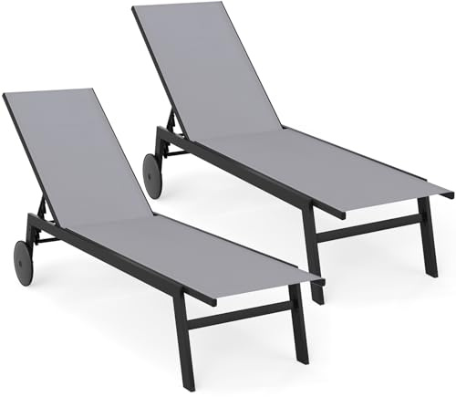 COSTWAY 2er Set Sonnenliege mit Rollen, Gartenliege mit Verstellbarer Rückenlehne und schnelltrocknendem Stoff, Rollliege bis 150kg belastbar, Liegestuhl für Garten, Balkon, Terrasse, Grau