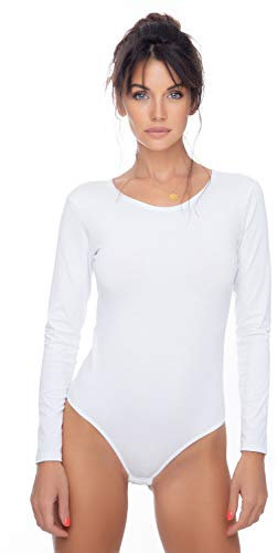 Evoni Damenbody | Overall Bodysuit mit Rundhals für Frauen | Langarm-Body in verschiedenen Farben | Optimale Alternative für Sport & Freizeit | Eleganter Jumpsuit, XXL, Weiß