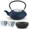Teekanne asiatisch Gusseisen Set blau 1.2 Liter &Teekessel mit Henkel & Edelstahl Tee-Filter Sieb-Einsatz & gusseisernen Stövchen & Teebecher Porzellan