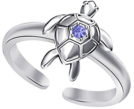 Zehenring für Damen, 14 Karat Weißgold, runder Tansanit, Zirkonia, Meeresschildkröte, offen, mittelhoch, verstellbarer Zehenring
