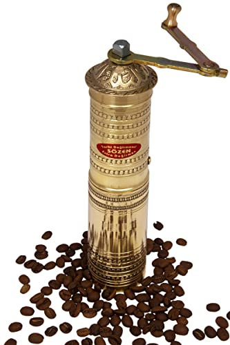 Kaffeemühle, manuell, 22.9 cm, handgefertigt, Messing, manuelle Kaffeebohnenmühle, dekorative handgehämmerte künstlerische Antik, verstellbare Handkurbel, türkischer Kaffee jeder Größe, Dutzend