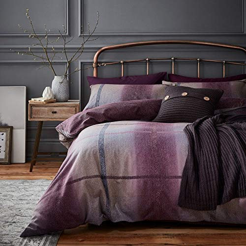 Catherine Lansfield Berwick Bettwäsche-Set für Doppelbett, Tweed, gebürstet, Pflaume
