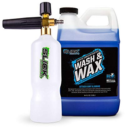 Slick Products Wash & Wax (64 oz.) + Pressure Washer Foam Cannon Bundle - Super Concentrated Car Wash Foam Shampoo for Car, Truck, RV, Motorhome, Toy Hauler, and Boat