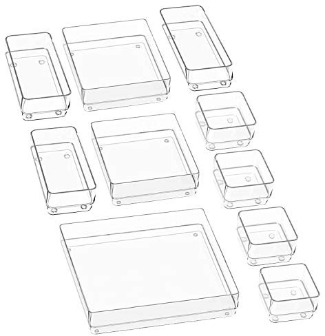 Puricon 10 uds. Organizadores Transparentes para Cajones, Bandeja Plásticas de Almacenamiento para Maquillaje Papelería Cubiertos, Apto para Dormitorio Vestidor Cuarto Baño Cocina Oficina Escritorio