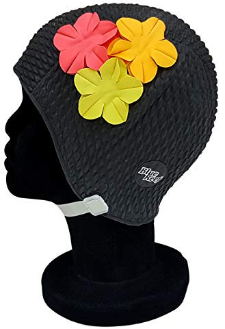 Blue Reef Rome Bubble Bonnet de bain pour femme Motif floral 3 fleurs 3D 3D Couleurs tropicales Élégant Vintage Bonnet de bain Taille unique Adulte avec sangle réglable (Noir)