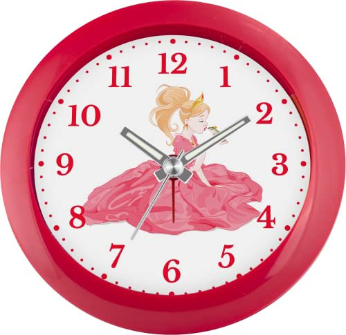 Eurotime Wecker für Mädchen mit Prinzessin und Frosch, rot, Kinderwecker, Kunststoffgehäuse und Kunststoffglas, 22155-01