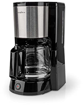 Nedis - Kaffeemaschine - Glaskanne - Abnehmbaren Filterhalter - Warmhaltefunktion - Mit Nylonfilter - Abschaltautomatik - Anti-Tropf-Funktion - 12 Tassen auf Einmal - 1,5 L - Schwarz/Silber