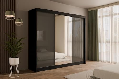 ALTDECOR Kleiderschrank mit Spiegel und Schiebetüren, kugelgelagerte Führungsschienen und Aluminium-Leisten - VESLI - 250 cm Schwarz/Lacobel Grau
