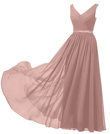 V-Ausschnitt gerüschtes Chiffon-Cocktailkleid lang ärmellos schulterfrei formelle Abendparty Kleider für Frauen, Dusty Rose, 50