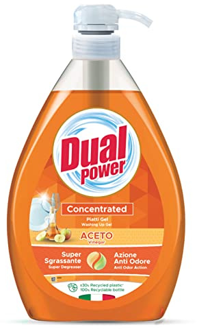 Dual Power Piatti Gel Aceto, Detergente Piatti Concentrato ad Elevato Potere Sgrassante, Ideale per Stoviglie Incrostate, Azione Anti Odore, Made in Italy, Dispenser 1L 1000 ml