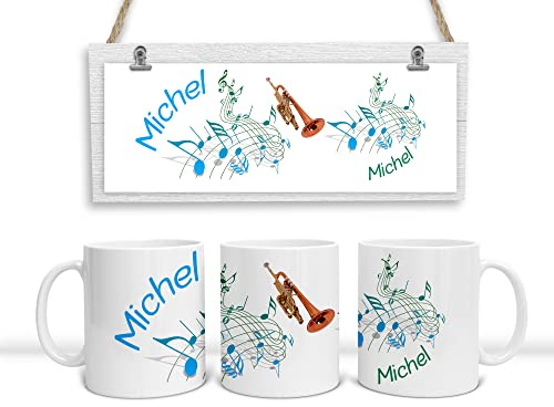 Personalisierte Musiker-Tasse. Kaffeetasse mit Noten, Trompete und mit Namen. (Blau-Grün)
