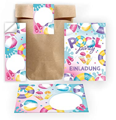 Junapack 12 Einladungskarten zum Kindergeburtstag Schwimmbad Einladungen für Geburtstag Mädchen Pool-Party incl. 12 Umschläge, 12 Tüten/natur, 12 Aufkleber